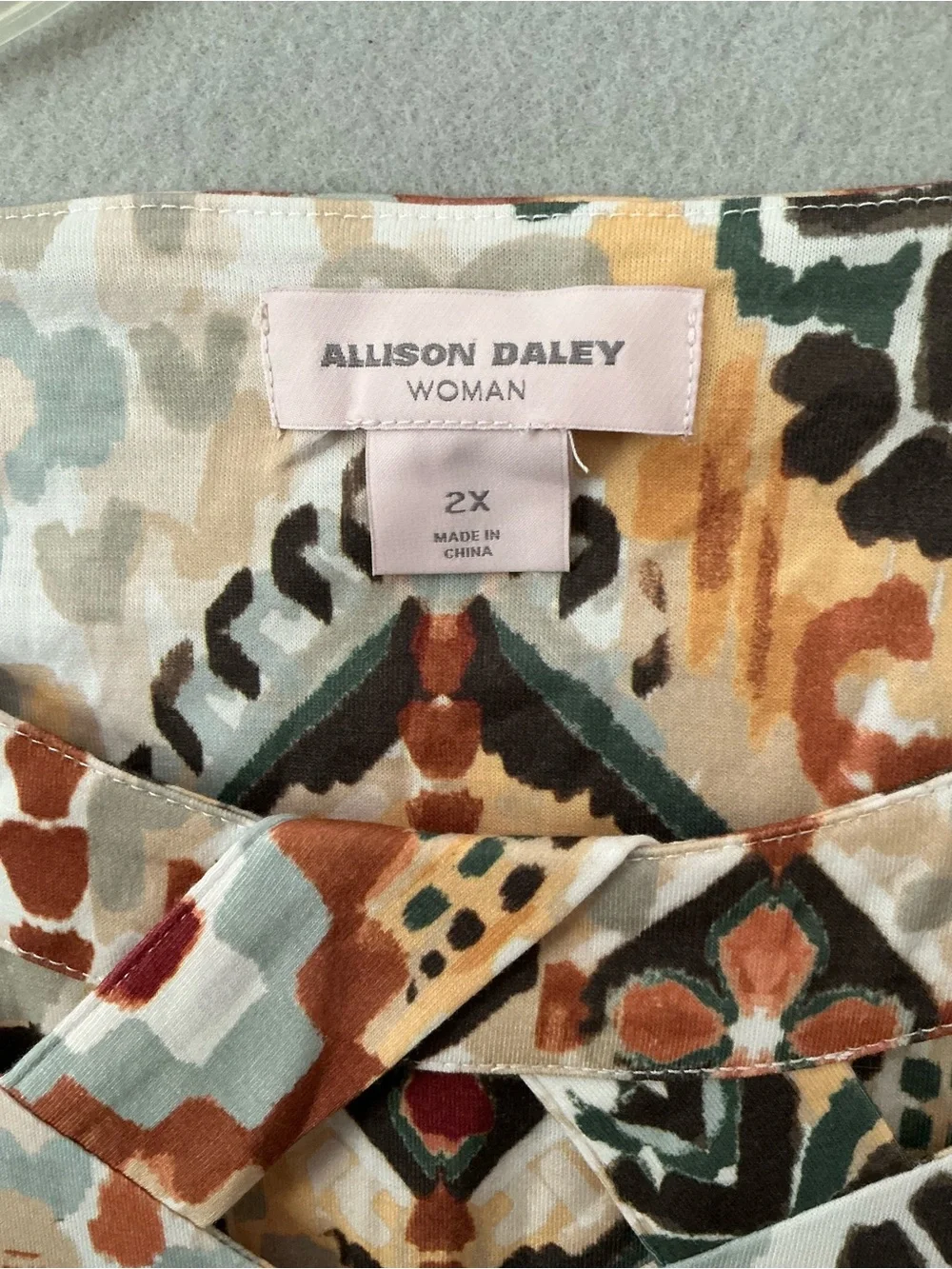 Allison Daley Women 2X Blouse Geometric Southwestern Boho Cutout Collar 3/4 Slv